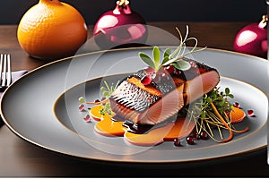 Gourmet Dish in a Fine Dining Restaurant - Expertly Plated on a Sleek, Glossy Black Dish Under Soft Illumination photo