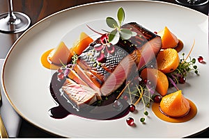 Gourmet Dish in a Fine Dining Restaurant - Expertly Plated on a Sleek, Glossy Black Dish Under Soft Illumination photo