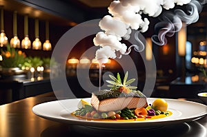 Gourmet Dish from a High-End Restaurant - Medium Rare Steak Resting on a Bed of Garlic-Infused Mashed Perfection photo