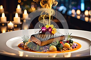 Gourmet Dish from a High-End Restaurant - Medium Rare Steak Resting on a Bed of Garlic-Infused Mashed Perfection photo