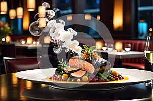 Gourmet Dish from a High-End Restaurant - Medium Rare Steak Resting on a Bed of Garlic-Infused Mashed Perfection photo