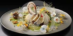 A gourmet dish intricately plated to resemble a famous painting, marrying culinary art and classic masterpieces, concept