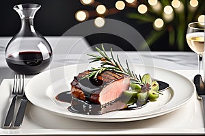 Gourmet Dish on a Polished Dark Oak Dining Table - Backlit with Soft Focus Bokeh of an Upscale Restaurant Ambiance photo