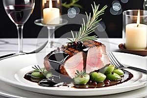 Gourmet Dish on a Polished Dark Oak Dining Table - Backlit with Soft Focus Bokeh of an Upscale Restaurant Ambiance photo