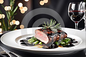 Gourmet Dish on a Polished Dark Oak Dining Table - Backlit with Soft Focus Bokeh of an Upscale Restaurant Ambiance photo