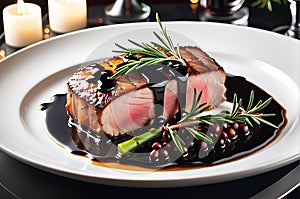 Gourmet Dish on a Polished Dark Oak Dining Table - Backlit with Soft Focus Bokeh of an Upscale Restaurant Ambiance photo