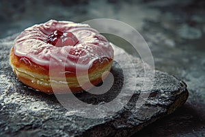 Gourmet donut with berry topping on a rustic stone surface