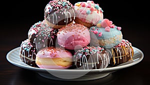 Gourmet donut, chocolate icing, multi colored candy, sweet temptation on plate generated by AI