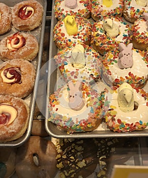 Gourmet donuts .. marshmallow Easter peeps on donuts, trix cereal