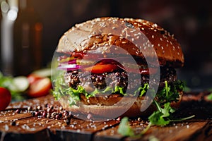 Gourmet Double Beef Burger Served on a Wooden Board With Fresh Ingredients