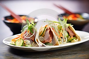 gourmet duck tacos with hoisin sauce and green onions, elegant plating