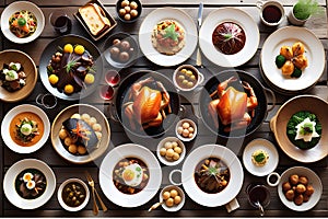 Gourmet Feast Spread Out on a Rustic Wooden Table - Showcasing an Array of Cooked Dishes from a Fine Culinary Repertoire