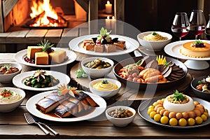 Gourmet Feast Spread Out on a Rustic Wooden Table - Showcasing an Array of Cooked Dishes from a Fine Culinary Repertoire photo