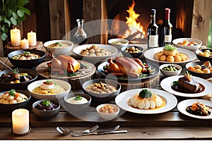 Gourmet Feast Spread Out on a Rustic Wooden Table - Showcasing an Array of Cooked Dishes from a Fine Culinary Repertoire photo