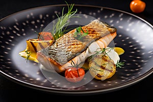 Gourmet fish dish on a plate in restaurant