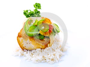 Gourmet Fish with Rice in White Plate