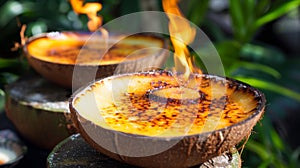 Gourmet Flaming Coconut Creme Brulee in Natural Setting