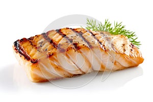 Gourmet food composition grilled and smoked striped bass on rustic wooden board, elegantly garnished with fresh lemon sl