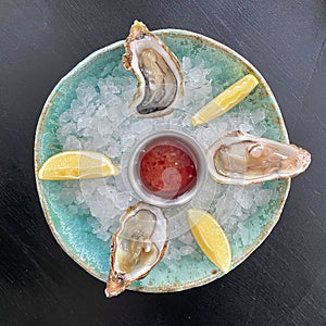 Gourmet food. Delicious oysters with ice and lemon, top view