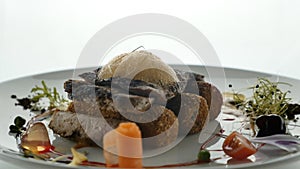 Gourmet food, guisine design. Luxury Molecular Dish with Sliced Veal Meat.