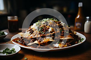 Gourmet food photography capturing intricate details of delectable cheese nachos