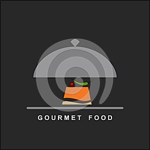 Gourmet food on a silver plate and serving dome. Vector background.
