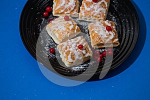 Gourmet French pastries decorated with red currant berries