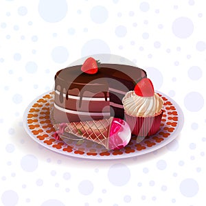 Gourmet fresh sweets from a pastry bakery. Cake coated with chocolate glaze. High-calorie pink strawberry  red cherry.