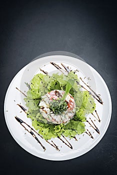 Gourmet fusion seafood and apple celery salad with wasabi mayo
