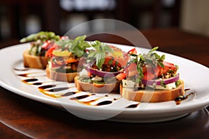 gourmet goat cheese and vegetable bruschetta on an appetizer plate