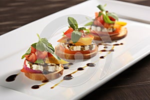 gourmet goat cheese and vegetable bruschetta on an appetizer plate