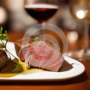 Gourmet grilled beef meat filet mignon or scotch steak chateaubrian on white plate, red wine glass