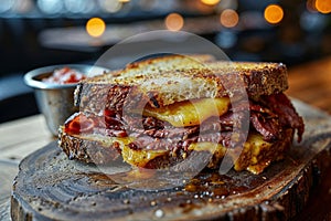 Gourmet Grilled Cheese and Bacon Sandwich on Rustic Wood