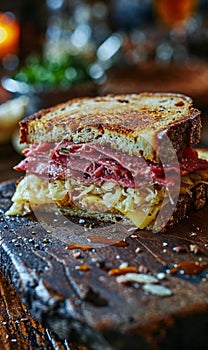 Gourmet Grilled Cheese Sandwich with Ham on Wooden Board