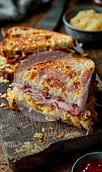 Gourmet Grilled Cheese Sandwich with Ham on Wooden Board