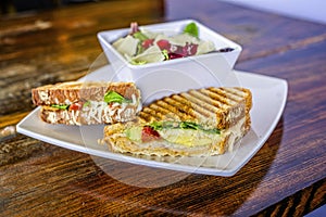 Gourmet grilled cheese, turkey, avocado, sun dried tomato sandwich with bowl of salad.