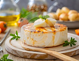 A gourmet grilled cheese wheel, garnished with herbs, ready for a delightful meal