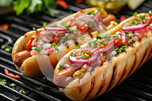 Gourmet Grilled Hot Dogs with Salsa and Onions - A Feast for BBQ Events and Summer Cookouts
