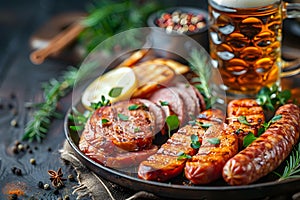 Gourmet grilled sausages herbs spices culinary presentation beer. Mug of beer. Grilled meat