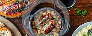 Gourmet Grilled Sausages with Mixed Bean Stew and Red Wine on Rustic Wooden Table