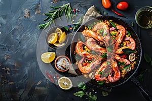 Gourmet Grilled Shrimp in Pan, Seafood Cuisine Concept