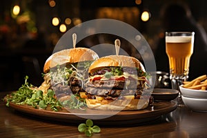 A gourmet hamburger with foie gras in a coffee bellfront coffee., generative IA