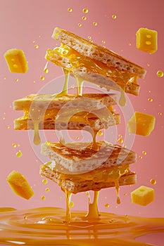 Gourmet Honey Drizzled Crispy Cracker Snack Pieces Tumbling on Pastel Pink Background