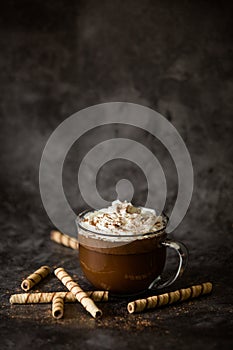 Gourmet Hot Chocolate in Glass Mug with Whipped Cream on a Dark Background