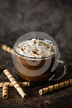 Gourmet Hot Chocolate in Glass Mug with Whipped Cream on a Dark Background
