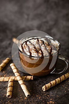 Gourmet Hot Chocolate in Glass Mug with Whipped Cream on a Dark Background