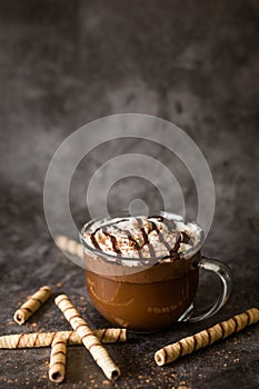 Gourmet Hot Chocolate in Glass Mug with Whipped Cream on a Dark Background