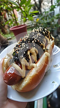 A gourmet hot dog topped with Japanese seaweed wasabi mayo and sesame seeds. photo