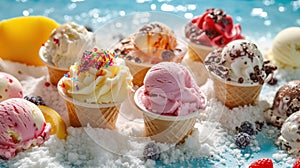 Gourmet ice-cream served in wafer cups in the golden sand on a tropical beach in summer with chocolate, vanilla and