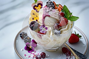 Gourmet ice cream sundae with fresh berries and edible flowers